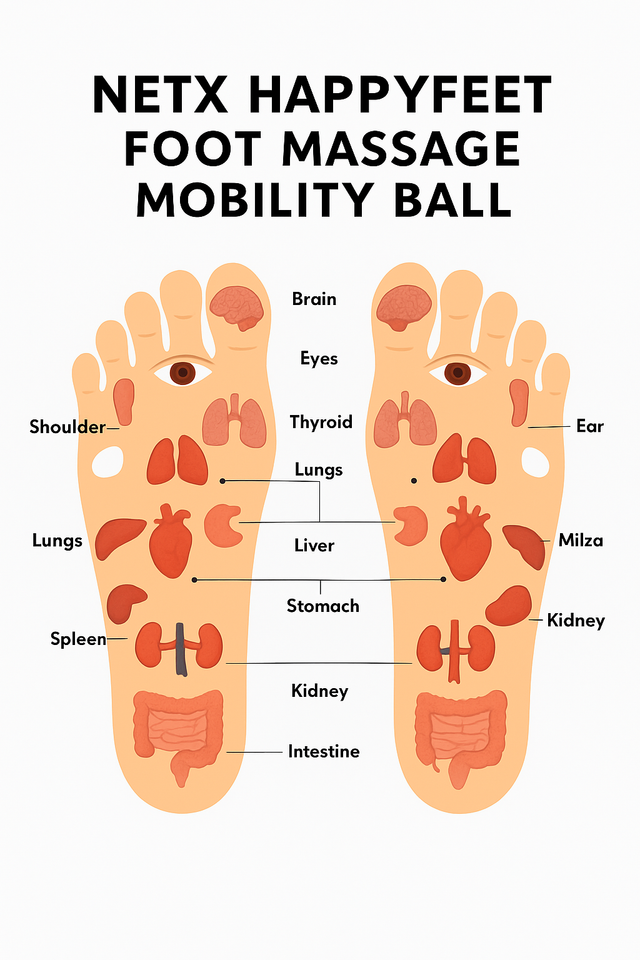 Diagram of a foot massage mobility ball with labeled body parts on a white background